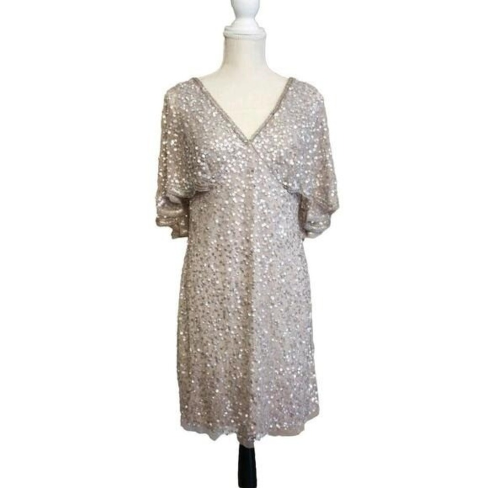 Adrianna‎ Papell Sequin Dress Cocktail Party Bride Vegas Silver Sheath Midi